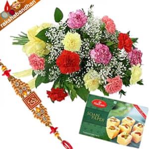 Rakhi with Mix Carnations n Soan Papdi